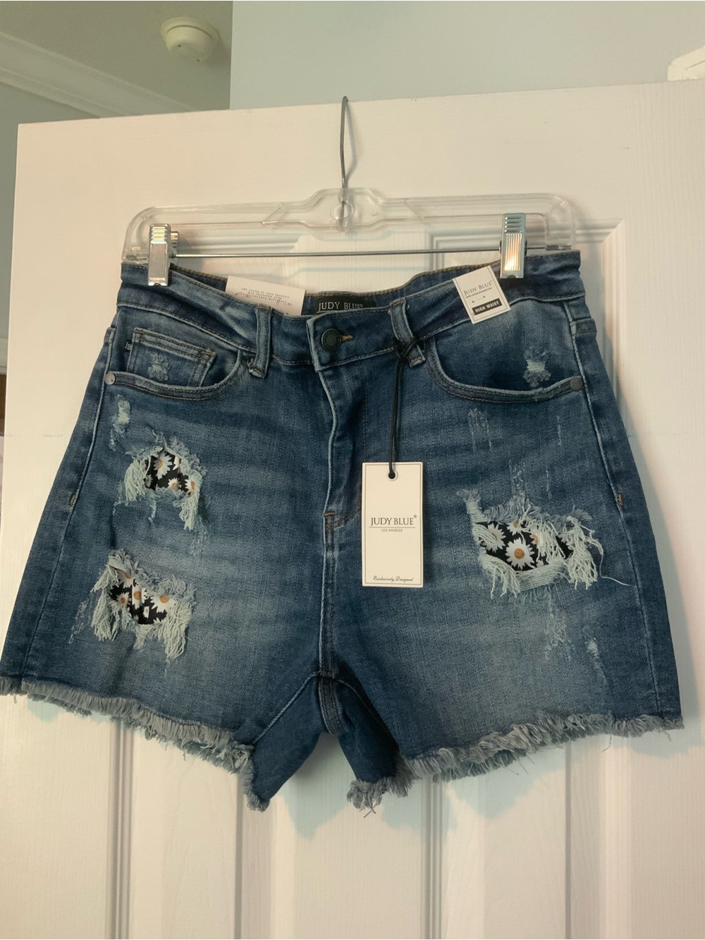 Judy Blue Distressed Denim Shorts with Daisy Patch - Blue